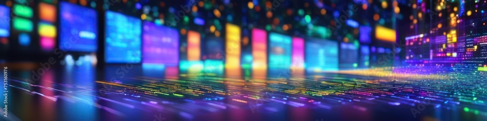 Futuristic colorful cyberpunk illustration, concept of AI, internet, stock market, blurry bokeh background for social media banner, website and for your design, space for text.