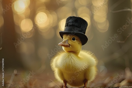 A duckling in a top hat performs magic tricks against a blurred twilight forest backdrop.