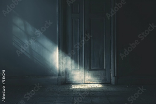 Faint light under a closed door, minimal style, blur dark tone, suggesting secrets within. photo