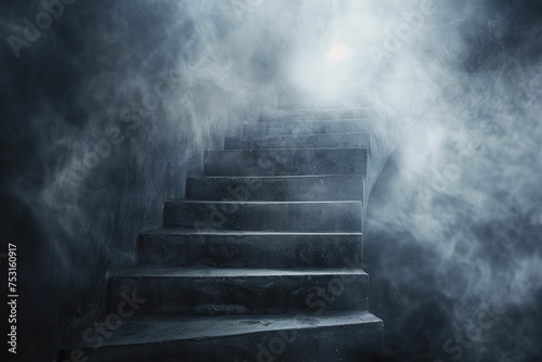 An eerie staircase in minimal style, with a blurred dark tone, symbolizes a descent into madness. photo