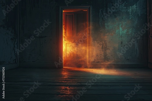 Faint light under a closed door, minimal style, blurred dark tone hints at concealed secrets within.