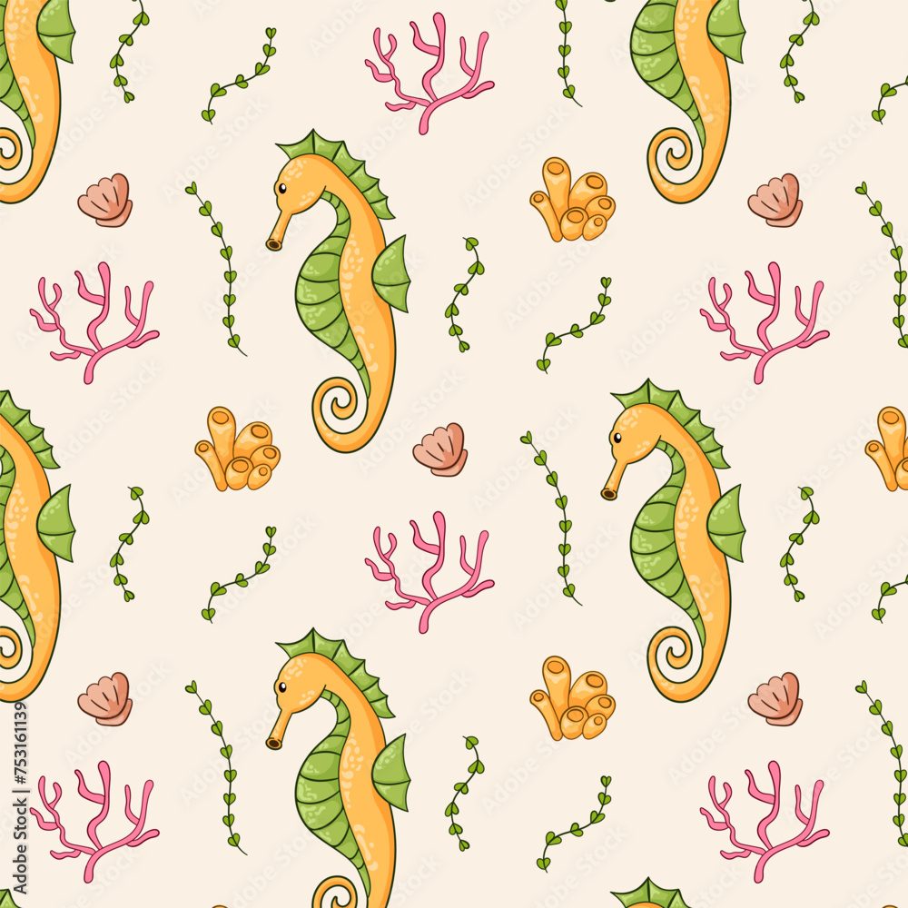 Sea horse seamless pattern in flat style. Undersea life background with coral, fish, seashell and seaweed. Vector illustration. Sea horse seamless pattern in flat style. Undersea life background with coral, fish, seashell and seaweed. Vector illustration.