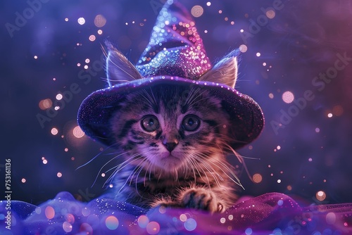 A cute kitten wearing a magical wizard hat conjures spells amidst sparkling magic on a blurred purple backdrop. photo