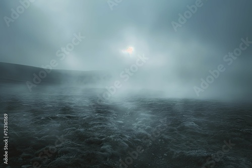 Fog blankets the desolate moor with a minimalist, blurred dark tone, evoking foreboding.