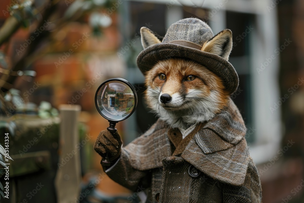 Fototapeta premium A clever fox kit, dressed as Sherlock Holmes, peers through a magnifying glass in a London alley with a blurred background.