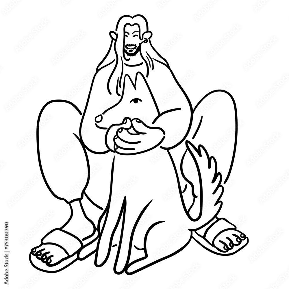 Obraz premium cartoon guy with a dog in doodle style. template for print advertising poster sticker icon illustration. people in lines