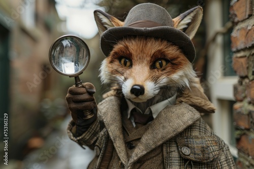 A fox kit wearing a Sherlock Holmes outfit, holding a magnifying glass, stands in a London alley with a blurred background. photo
