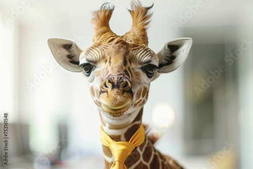Giraffe calf, in a necktie, pretends as a businessman against a blurred office backdrop. © Kanisorn