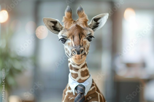 Giraffe calf, in necktie, mimics businessman amidst office blur, embodying professional demeanor. © Kanisorn