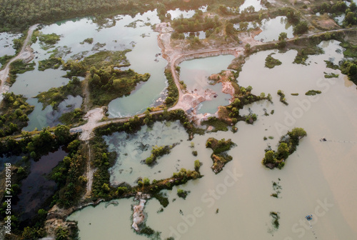 An aerial view ex sand mine occurring like a lake at the sunset photo