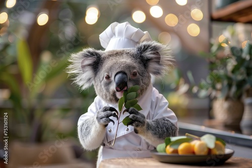 A koala  in chef attire  samples eucalyptus leaves in a culinary kitchen with a blurred background.