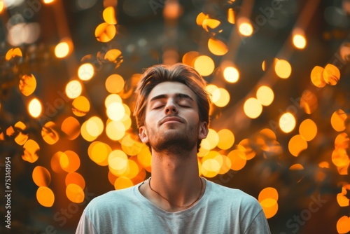 Close up young man sits with her eyes closed relaxingly praying, meditating in the room, mental health and relaxation concept	
 photo