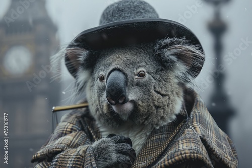 A contemplative koala, clad in Sherlock Holmes attire, investigates a perplexing enigma against a misty London backdrop.