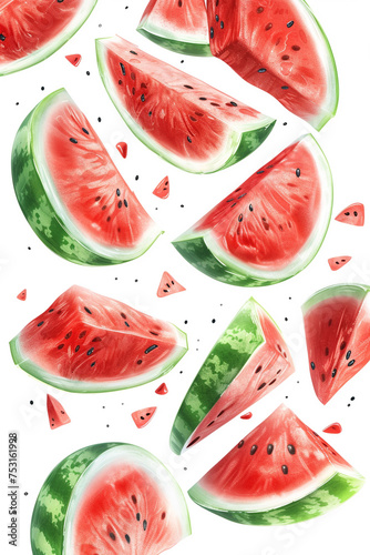 Freshly cut slices of watermelon, juicy and ripe, isolated on a white background, realistic, 4K