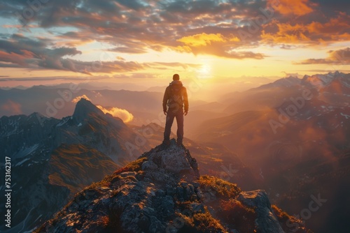 A man stands confidently on the summit of a mountain as the sun sets in the background, casting a warm golden glow over the rugged landscape © lublubachka