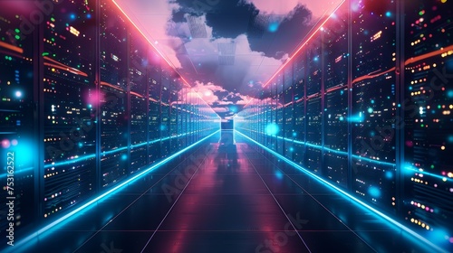 A futuristic data center glowing with lights