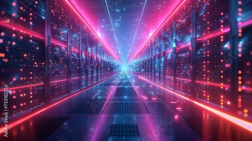 A futuristic data center glowing with lights