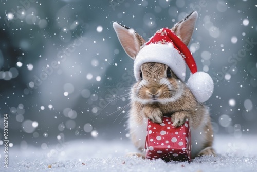 Rabbit dressed as Santa, clutching a present, blends into the snowy night's blurred backdrop.