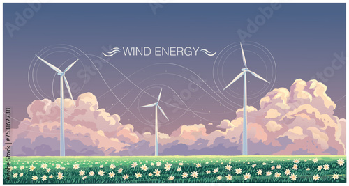 Landscape with wind turbines propellers, generating electricity located in a field with flowers, against a cloudy sky.