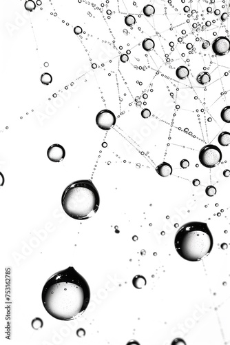 High-resolution image of a cluster of dew drops on a spider web, showcasing the drops' clarity, isolated on white background