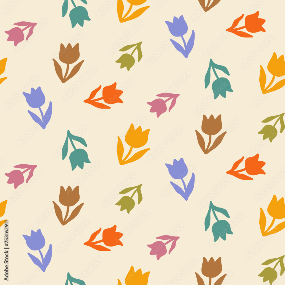 Modern Abstract Natural Floral Tulips Vector Seamless Pattern. Contemporary Minimal Cut Out Aesthetic Art for Fabric, Wrapping Paper, Wall Art, Packaging