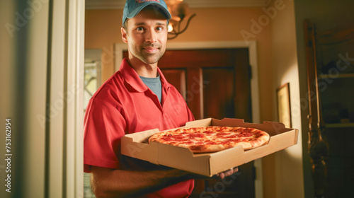 A pizza delivery man in uniform with a cardboard box in his hands near the door of a house in cinematic light. Generated AI.