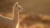 Adorable white domestic alpaca in side view during the afternoon, with a blurred brown background