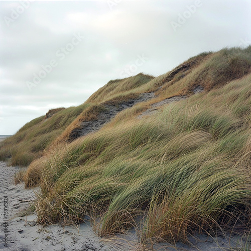 Grass covered dunes. Ai generative.