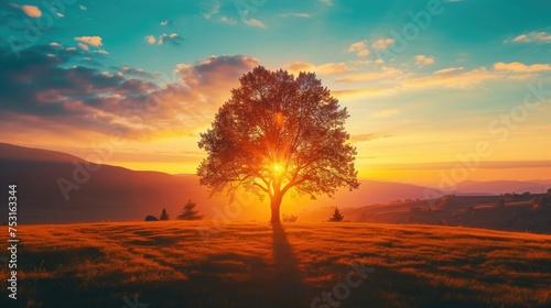 Alone tree on meadow at sunset with sun and mist, generative ai
