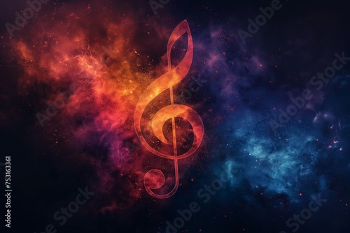 Treble clef symbol on colorful cosmic background with copyspace, Music Day.