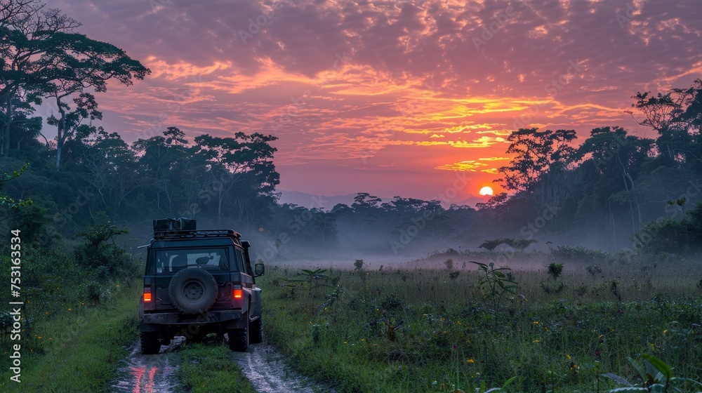 A guided jungle safari at dawn A guided jungle safari at dawn