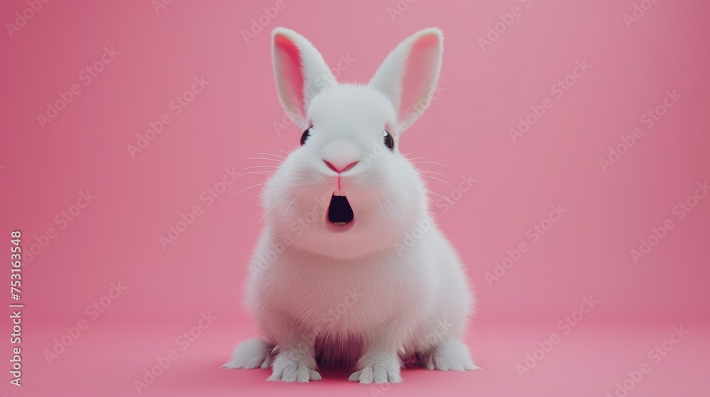 Obraz premium A cute white rabbit with a surprised face and open mouth on a pink background. Easter symbol, space for text