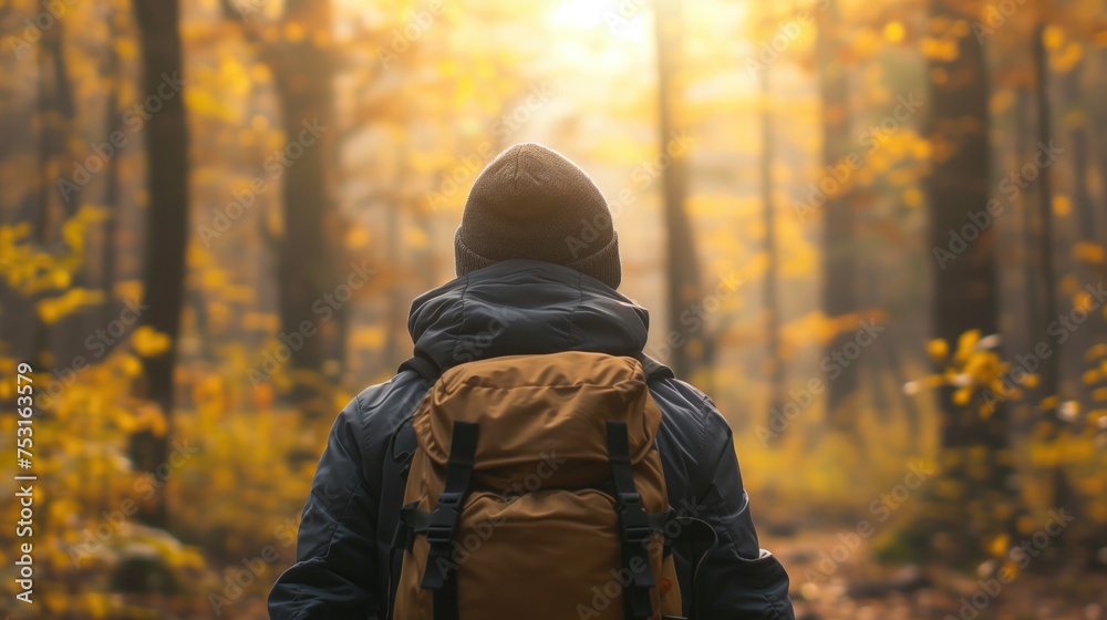 Fototapeta premium Rear view of man with backpack hiking in spring forest, backpacker in autumn landscape, Mountain and trekking, Adventure, Art, Travel, generative ai