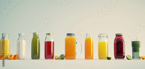 Nutrient-rich smoothies and juices in various glass jars, isolated on a white background. Realistic style, 4K resolution