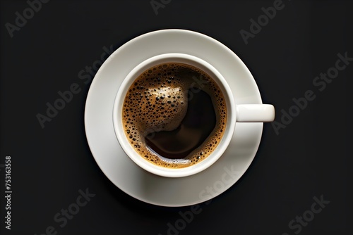 Taza blanca de ceramica con cafe espumoso y caliente vista desde arriba en un fondo obscuro.