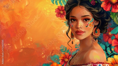 Beautiful passionate woman in red flowers in hair