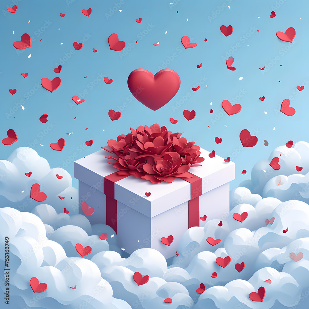 Valentine's Day postcard with paper flying elements and gift box on white sky background. Romantic poster. Vector symbols of love in shape of heart for greeting card design.