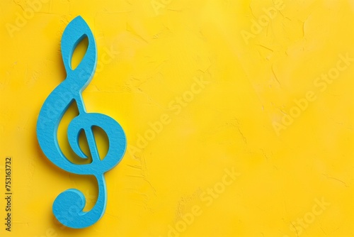 Blue color treble clef symbol on yellow orange concrete background with copy space, Music Day.