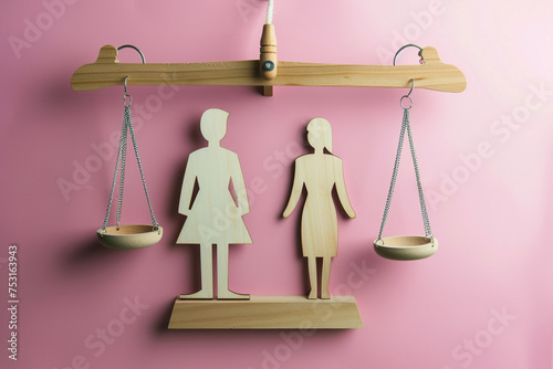 Equality between man and woman concept with beam scales and sign photo