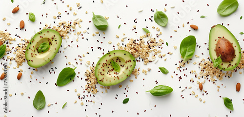 Slices of avocado and whole grains, isolated on a white background. Realistic style, 4K resolution