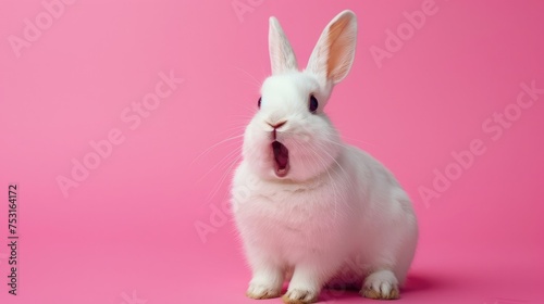 A cute white rabbit with a surprised face and open mouth on a pink background. Easter symbol, space for text © masyastadnikova