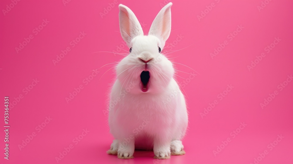 Obraz premium A cute white rabbit with a surprised face and open mouth on a pink background. Easter symbol, space for text