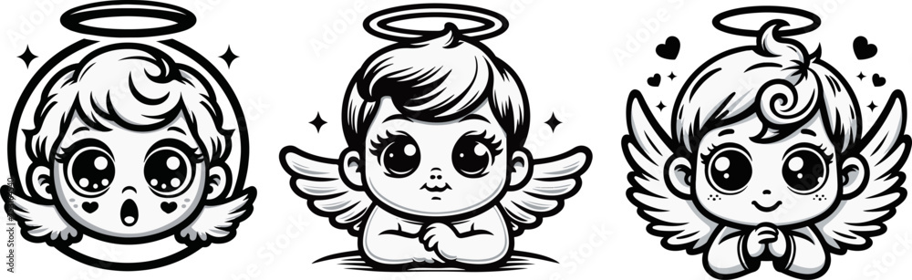 tiny angel children with wings sweetly gazing at viewer, black vector graphic