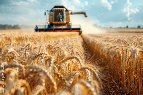 A combine harvester is seen in action in a vast agricultural field, cutting and collecting ripe grain. The machine moves systematically in rows, swiftly completing the harvest