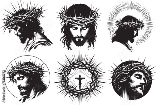 portraits of Jesus Christ on the cross, crown of thorns, profile and front, black vector graphic photo