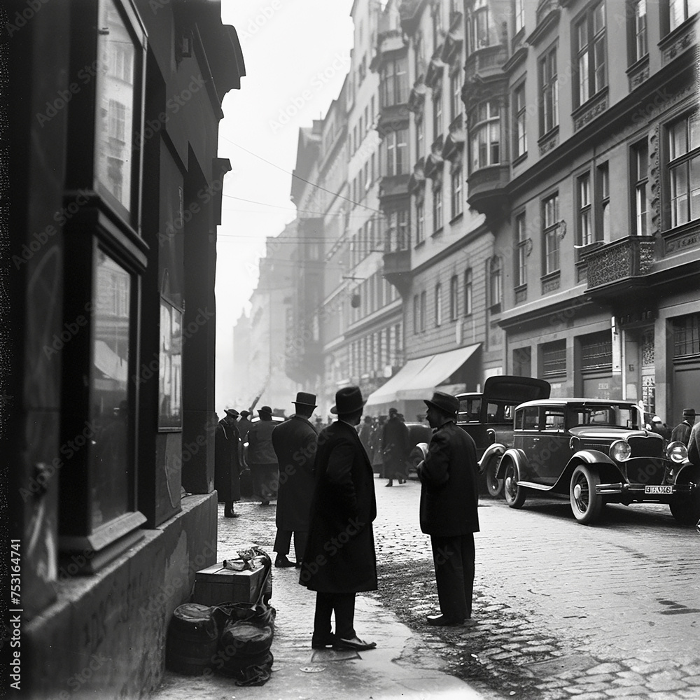 Streets and premises of a large city in the 1920s and 1930s. AI generative. Streets and premises of a large city in the 1920s and 1930s. AI generative.