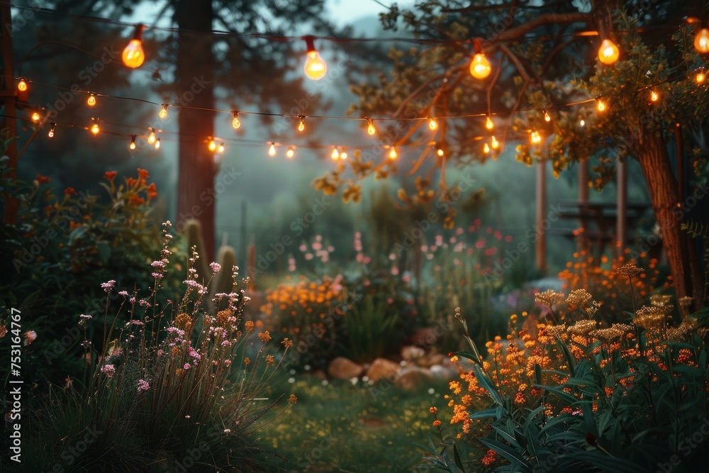 dark string lights in the garden for outdoor wedding styling