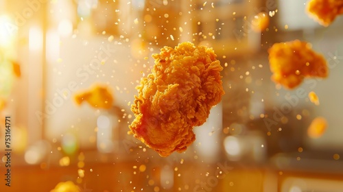 crispy and Fried chicken piece flying on kitchen room background photo