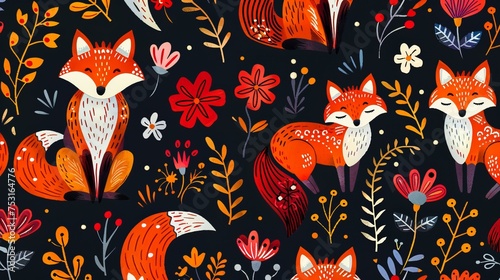Folk-style seamless design featuring charming red foxes and flowers