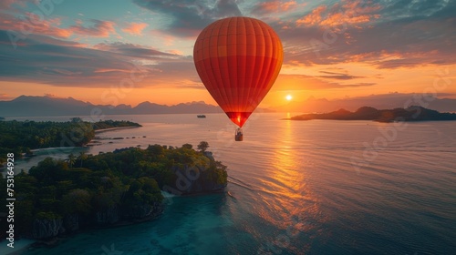 A hot air balloon ride at dawn over an exotic island